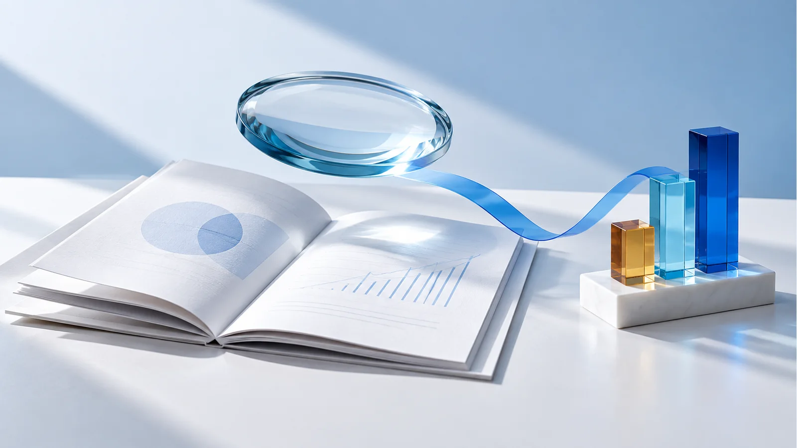 Eine Linse über Unterlagen neben einer Datenskulptur als Verbindung von Recherche und Analyse.