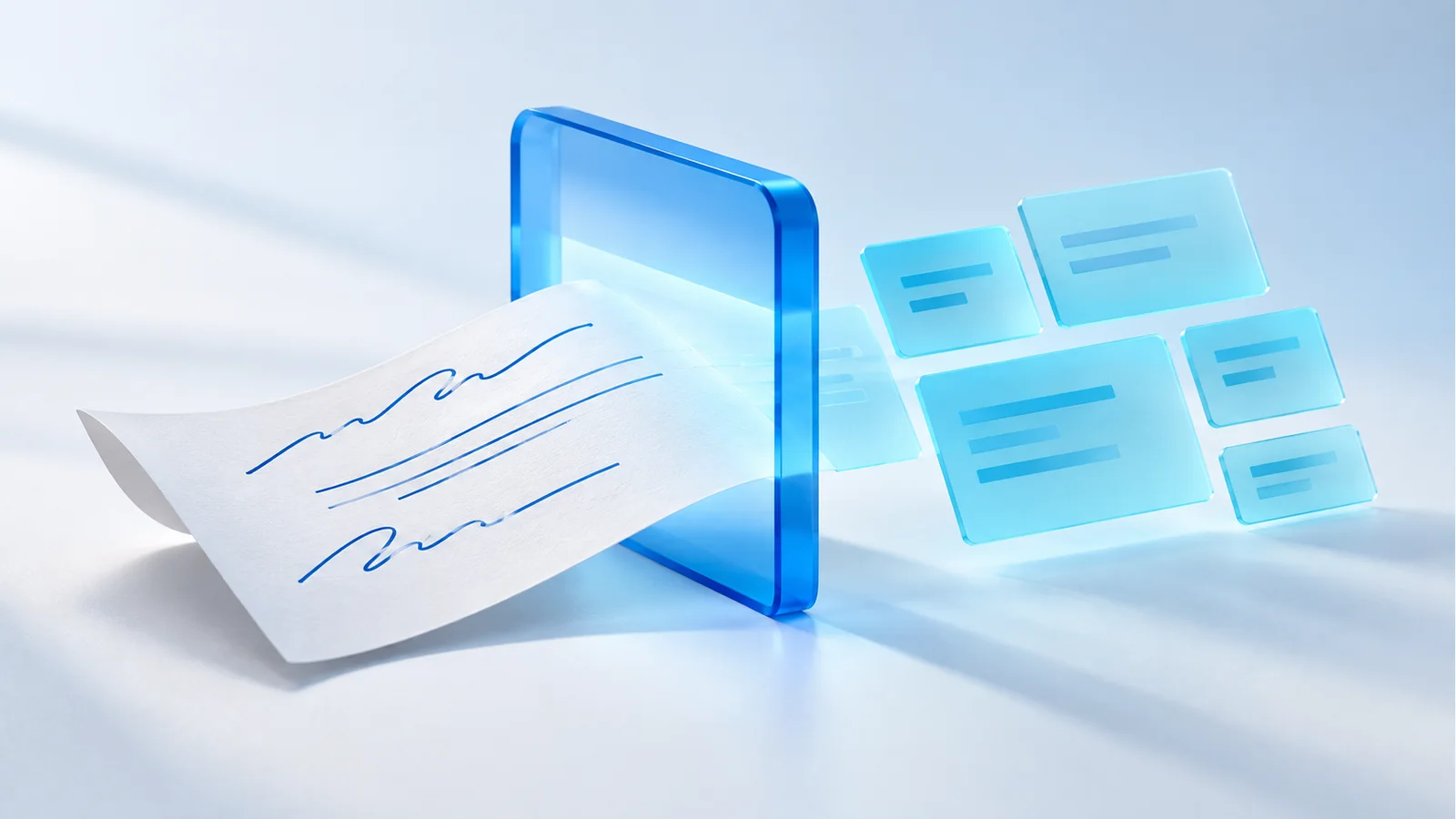 Ein Papierformular wird durch einen blauen Rahmen in geordnete Datenfelder überführt.