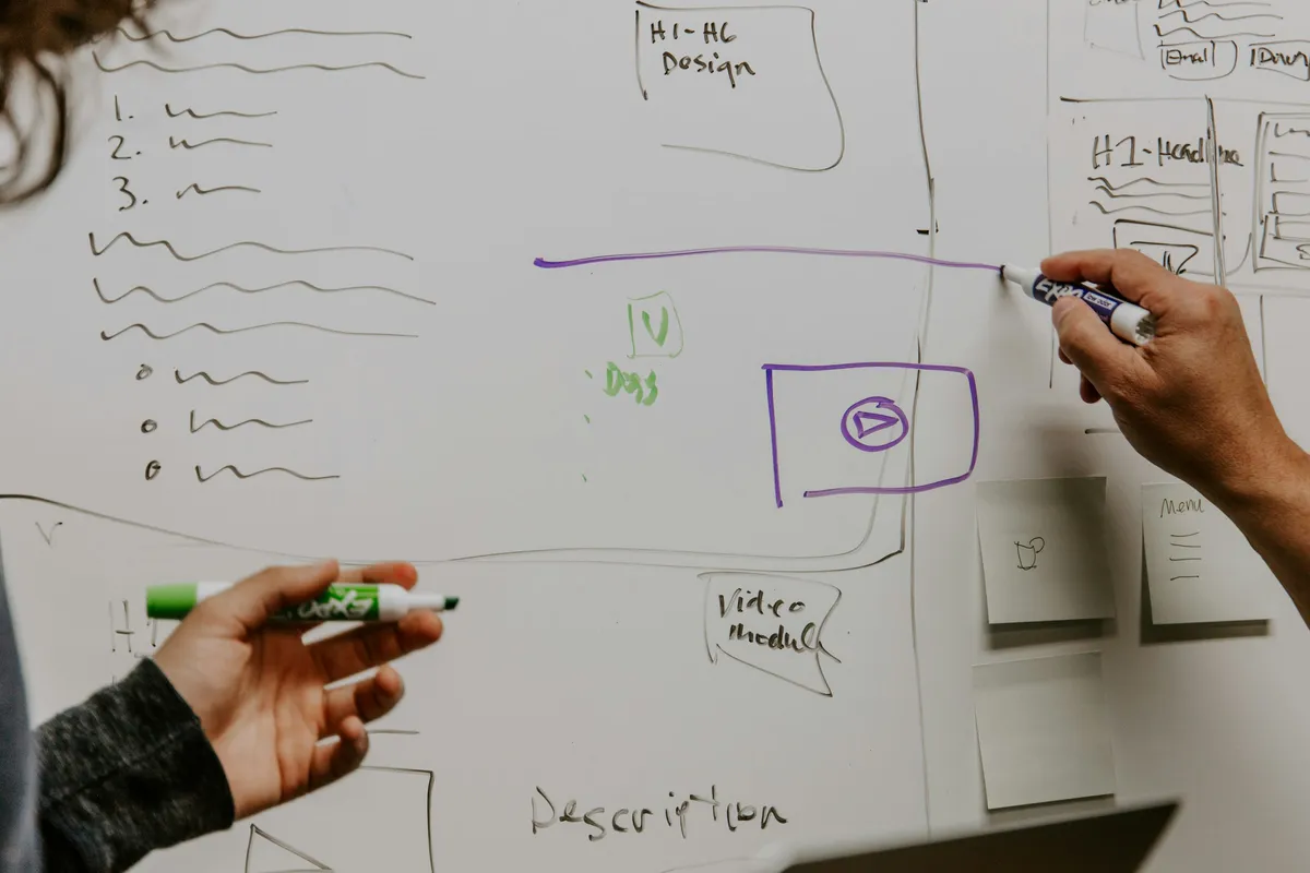 Zwei Personen zeichnen gemeinsam auf einem Whiteboard