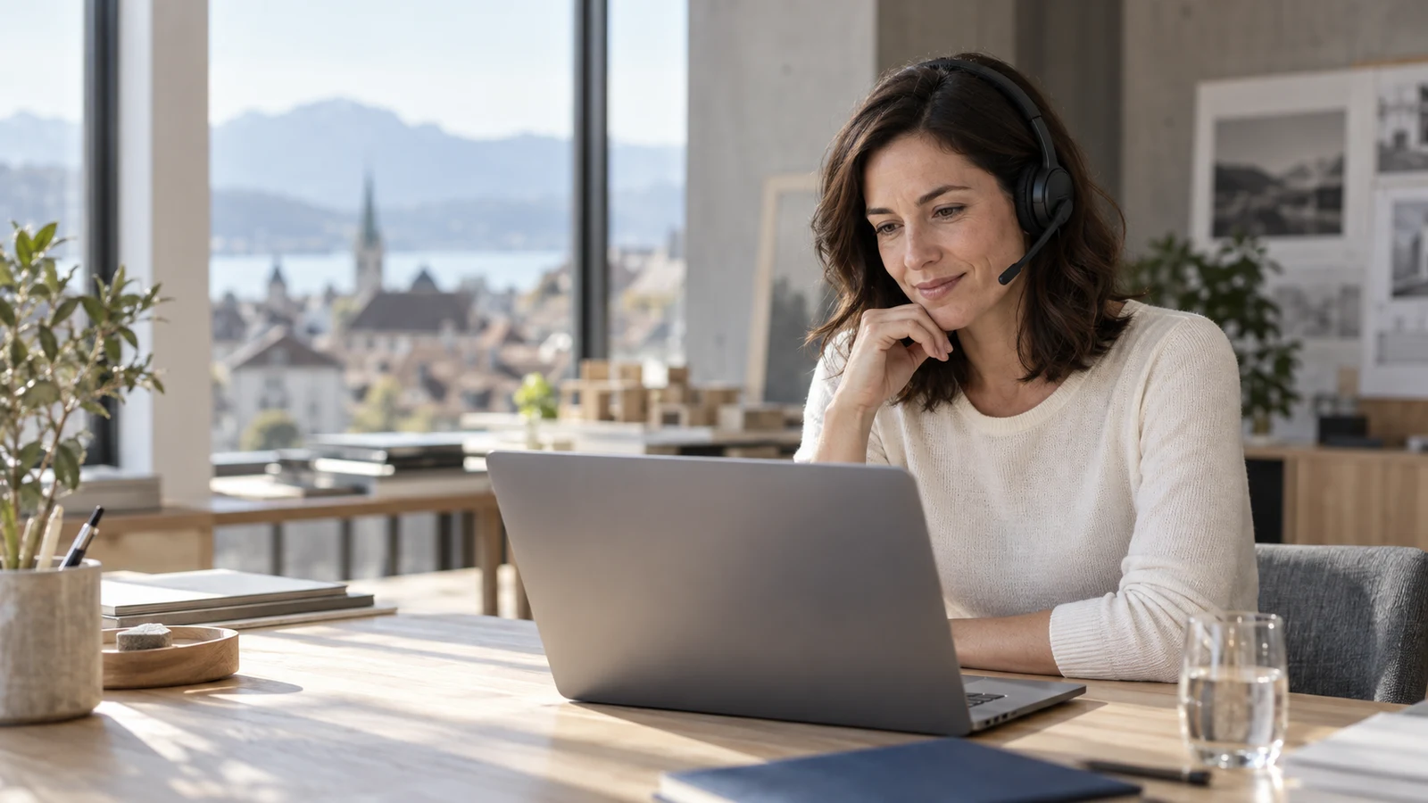 Person mit Headset beim Telefonieren am Arbeitsplatz