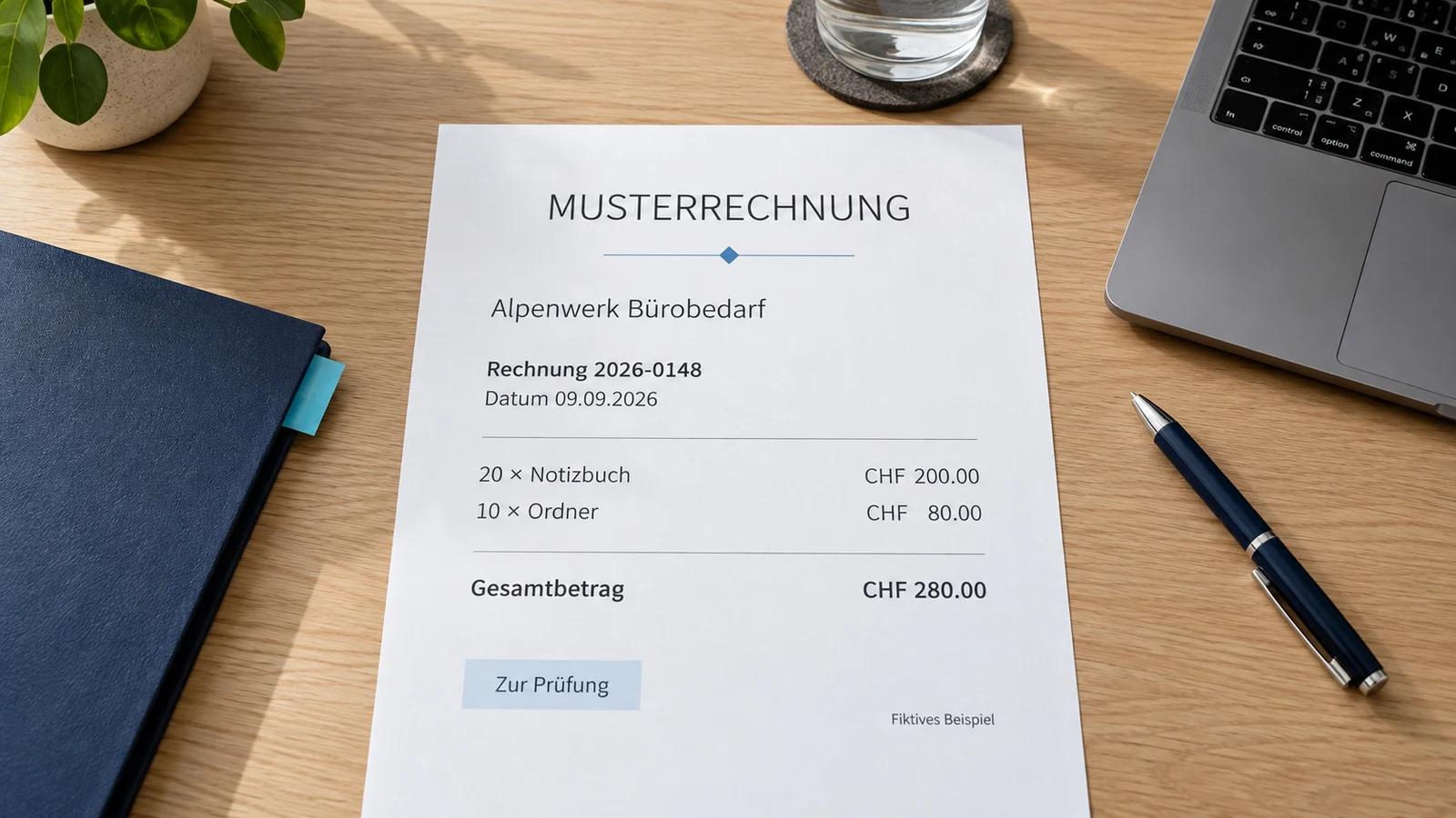 Fiktive Schweizer Lieferantenrechnung in CHF auf einem Arbeitsplatz zur Prüfung