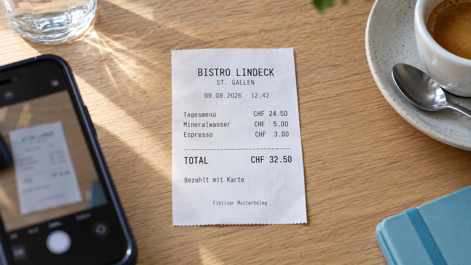 Fiktiver Schweizer Restaurantbeleg aus St. Gallen mit CHF-Beträgen neben einem Smartphone